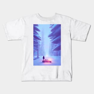 Cute Anime Car & Girl Snowy Christmas Landscape Kids T-Shirt